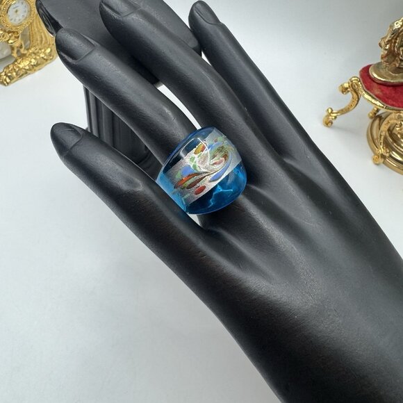 Murano Artisan Hand Blown Art Glass Ring Blue And Silver Swirl Sz 7 Pretty - Picture 3 of 12